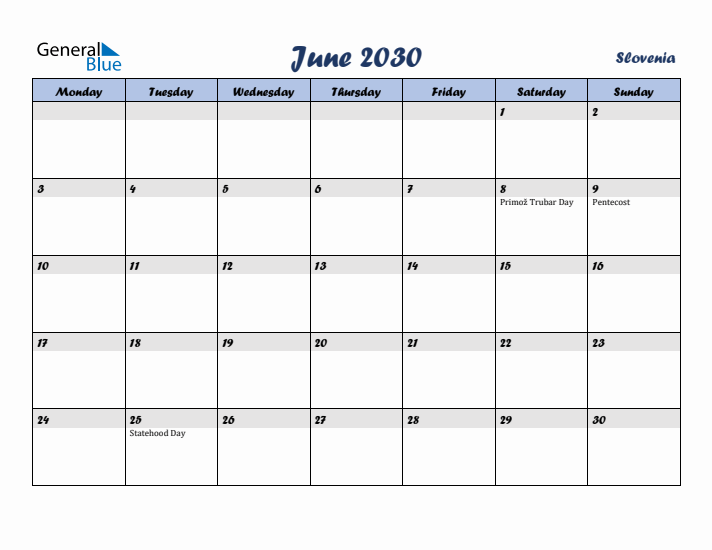 June 2030 Calendar with Holidays in Slovenia