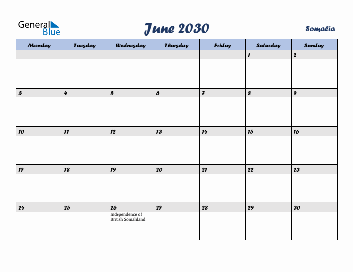 June 2030 Calendar with Holidays in Somalia