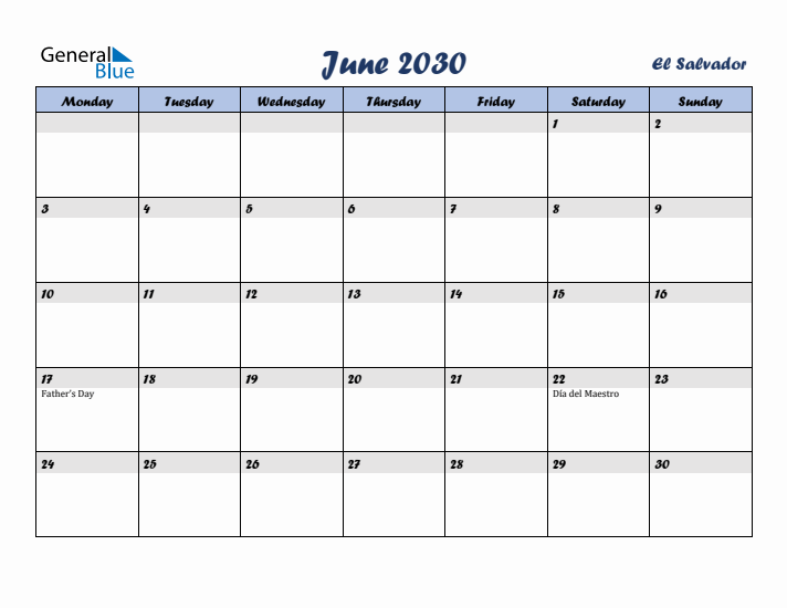 June 2030 Calendar with Holidays in El Salvador