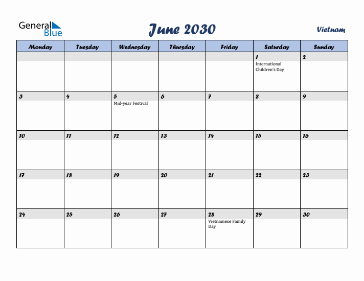 June 2030 Calendar with Holidays in Vietnam