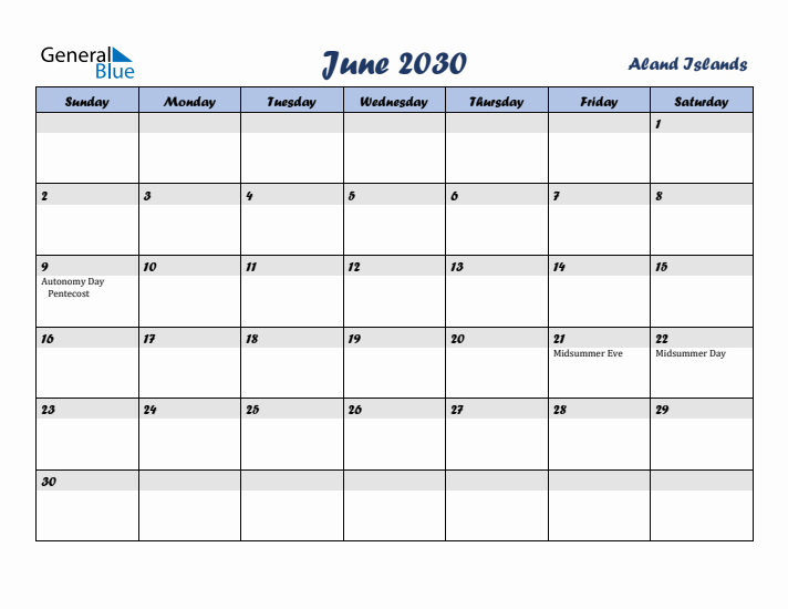 June 2030 Calendar with Holidays in Aland Islands