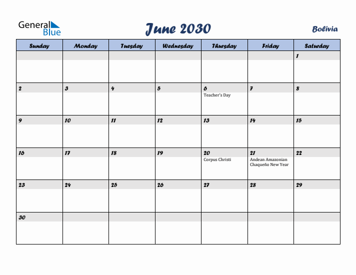 June 2030 Calendar with Holidays in Bolivia