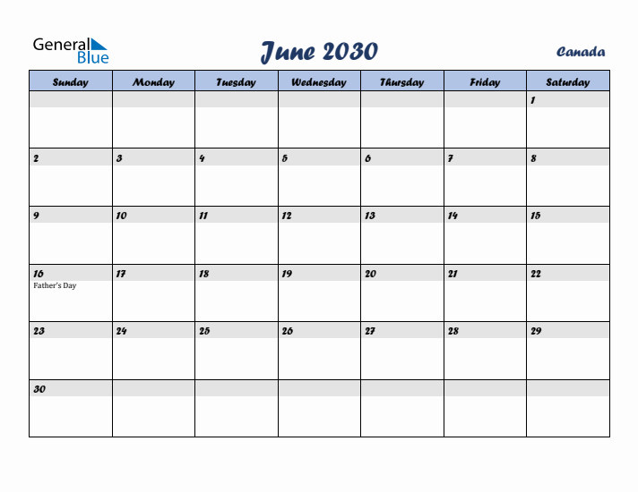 June 2030 Calendar with Holidays in Canada