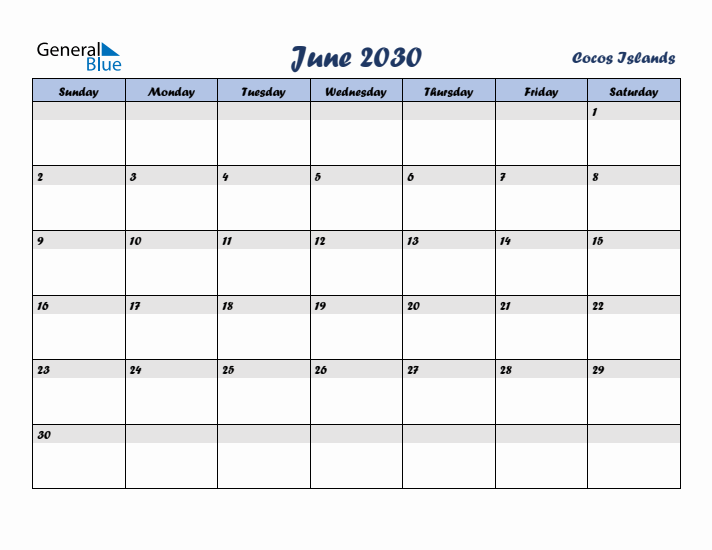 June 2030 Calendar with Holidays in Cocos Islands