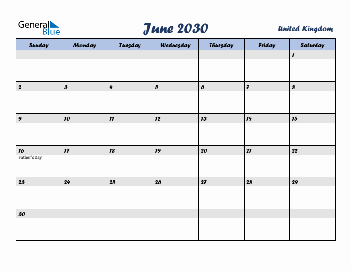 June 2030 Calendar with Holidays in United Kingdom