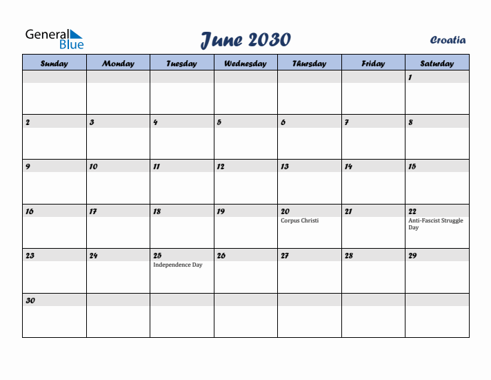 June 2030 Calendar with Holidays in Croatia