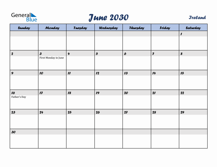 June 2030 Calendar with Holidays in Ireland