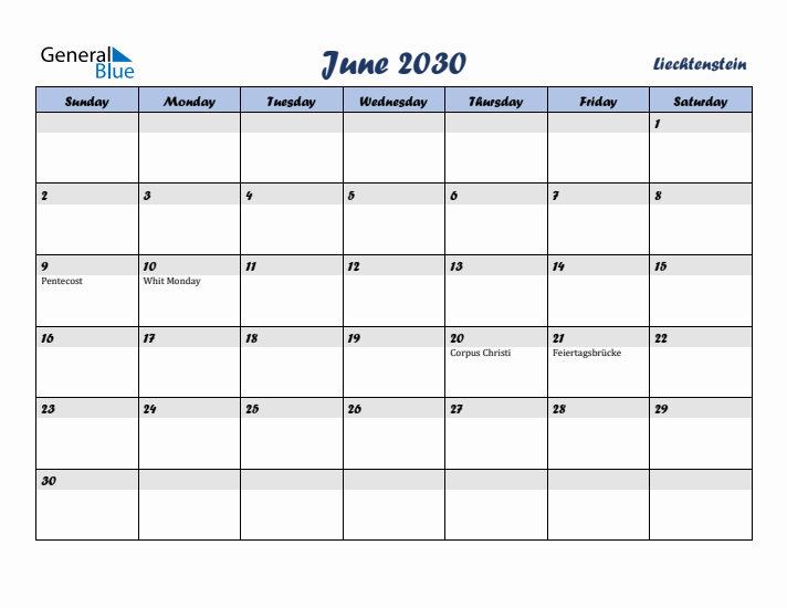 June 2030 Calendar with Holidays in Liechtenstein