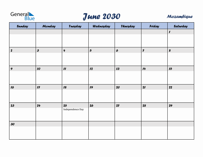 June 2030 Calendar with Holidays in Mozambique