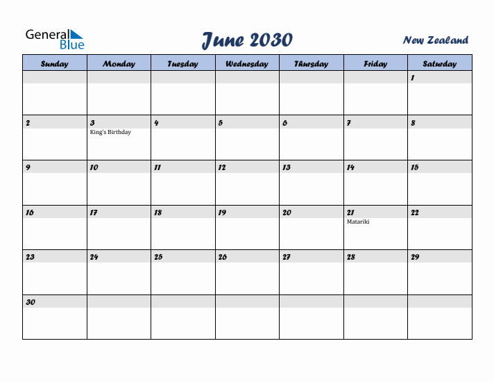 June 2030 Calendar with Holidays in New Zealand