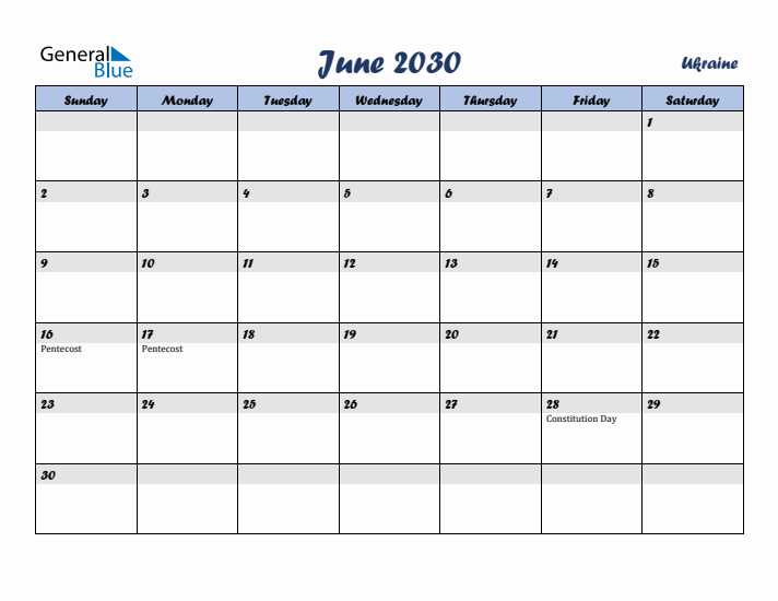 June 2030 Calendar with Holidays in Ukraine