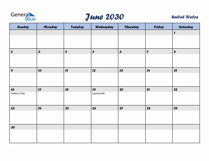 June 2030 Calendar with Holidays in United States