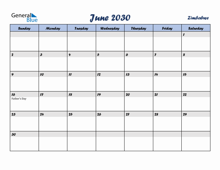 June 2030 Calendar with Holidays in Zimbabwe