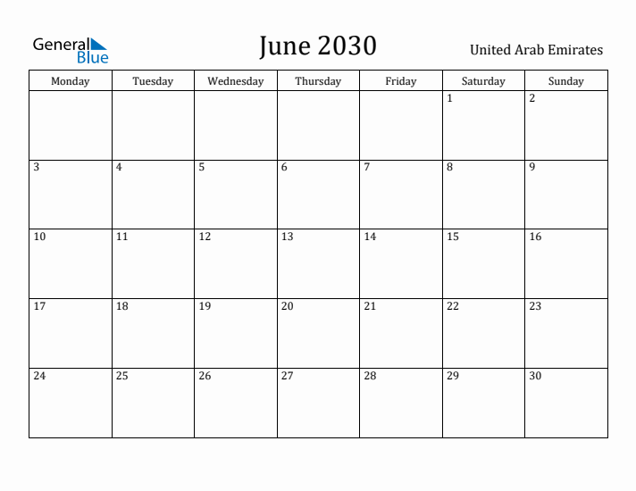 June 2030 Calendar United Arab Emirates