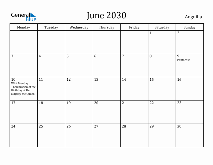 June 2030 Calendar Anguilla