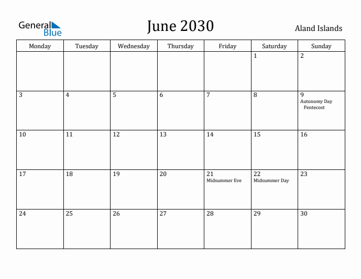 June 2030 Calendar Aland Islands