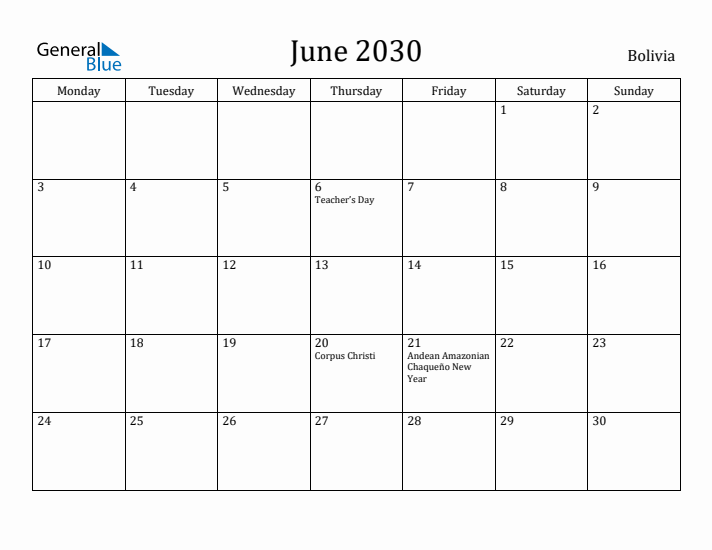 June 2030 Calendar Bolivia