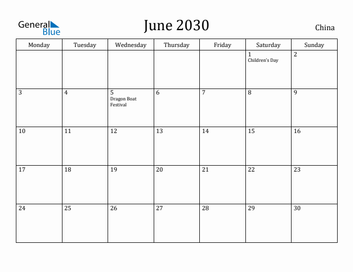 June 2030 Calendar China