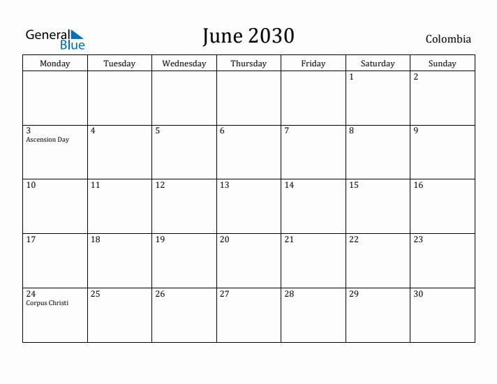 June 2030 Calendar Colombia