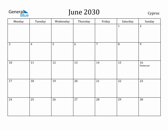 June 2030 Calendar Cyprus