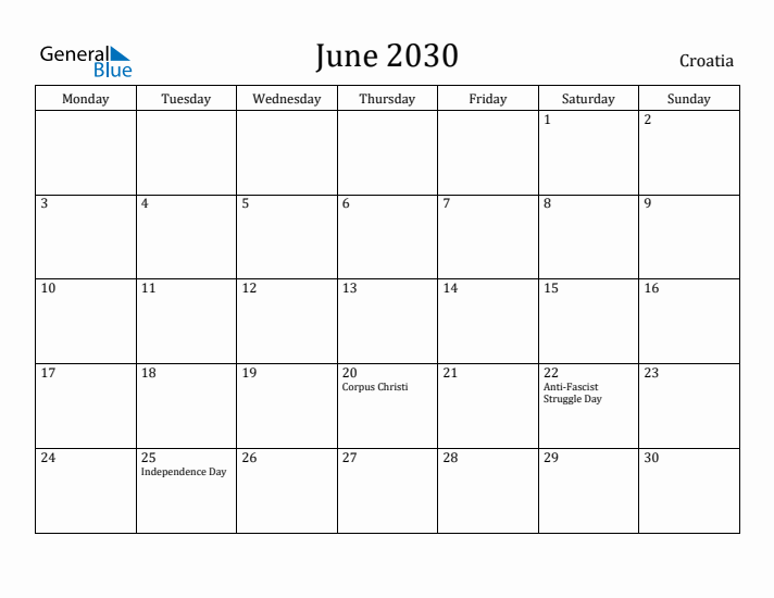 June 2030 Calendar Croatia