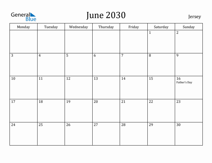 June 2030 Calendar Jersey