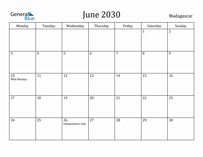 June 2030 Calendar Madagascar