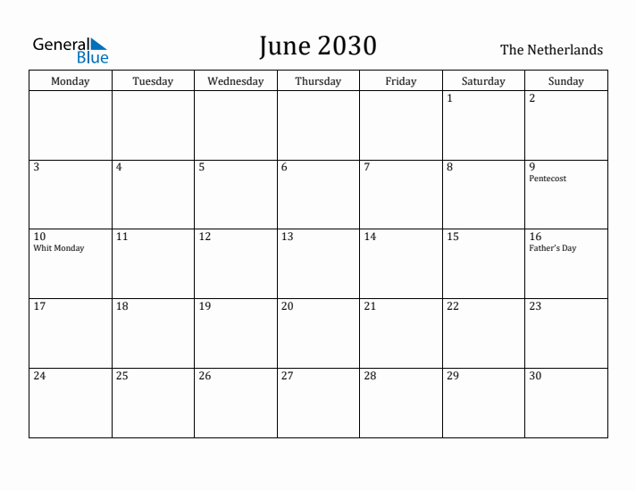 June 2030 Calendar The Netherlands