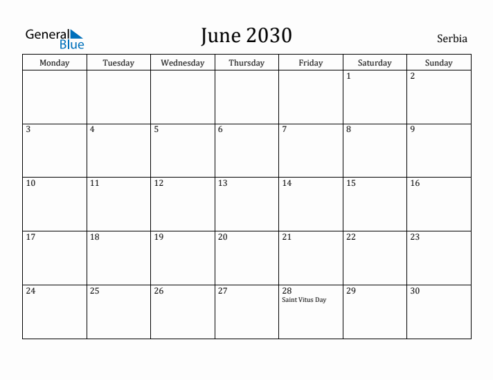 June 2030 Calendar Serbia