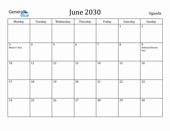 June 2030 Calendar Uganda