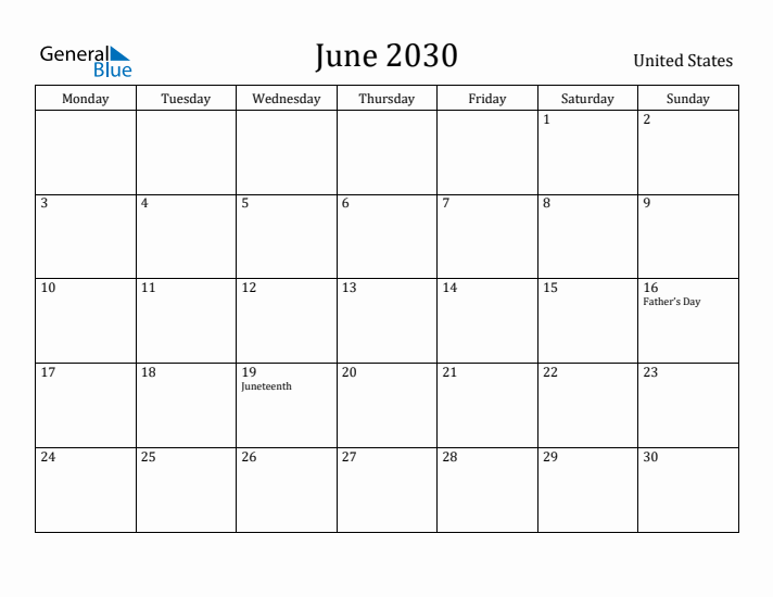 June 2030 Calendar United States