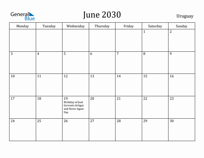 June 2030 Calendar Uruguay