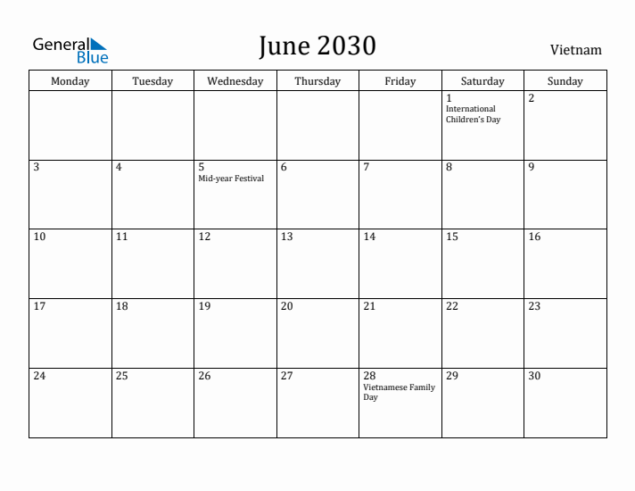 June 2030 Calendar Vietnam