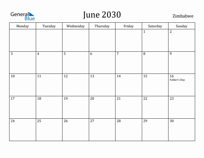 June 2030 Calendar Zimbabwe