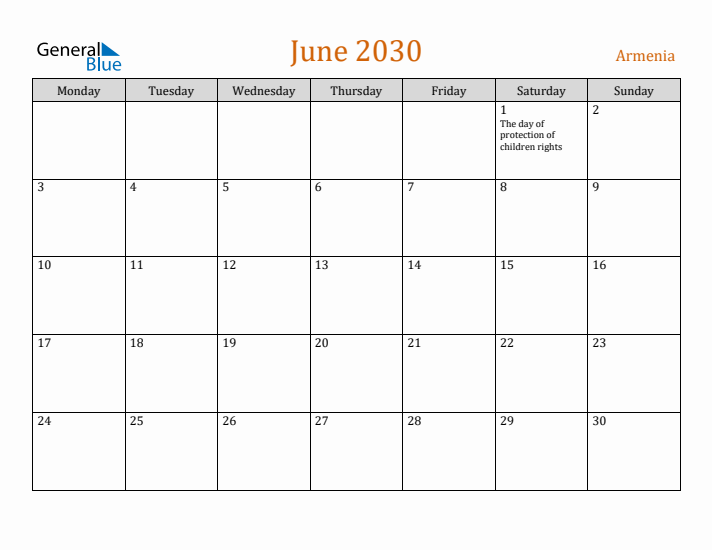 June 2030 Holiday Calendar with Monday Start