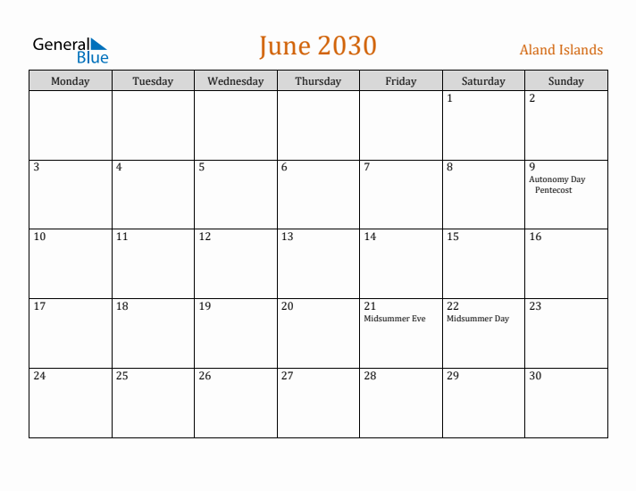 June 2030 Holiday Calendar with Monday Start