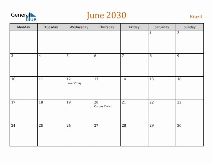 June 2030 Holiday Calendar with Monday Start