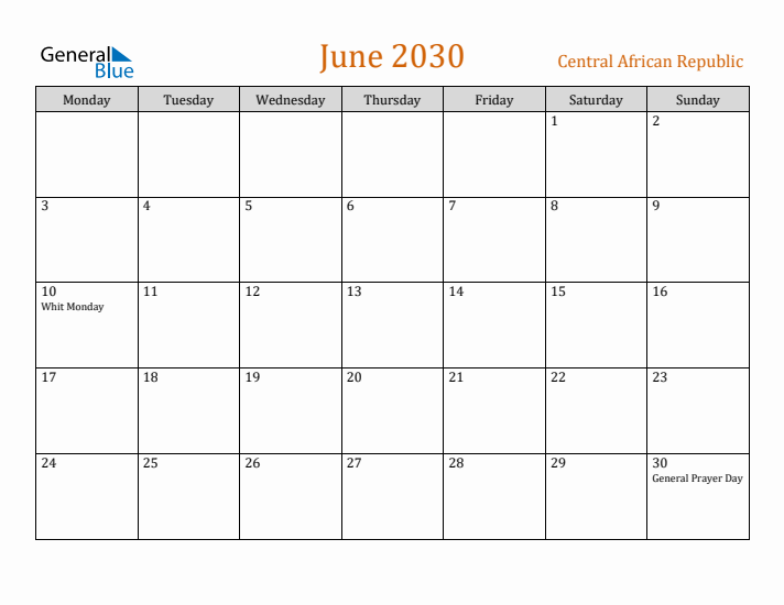 June 2030 Holiday Calendar with Monday Start