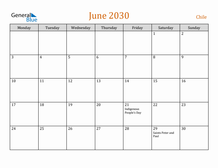 June 2030 Holiday Calendar with Monday Start