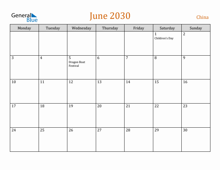 June 2030 Holiday Calendar with Monday Start