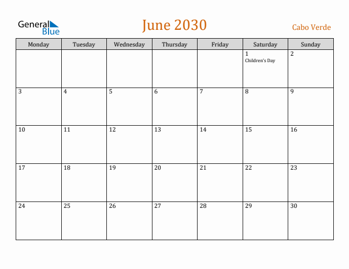 June 2030 Holiday Calendar with Monday Start