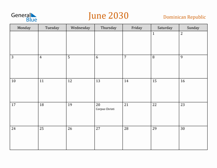 June 2030 Holiday Calendar with Monday Start