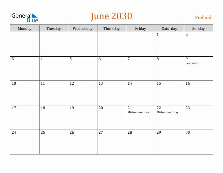 June 2030 Holiday Calendar with Monday Start