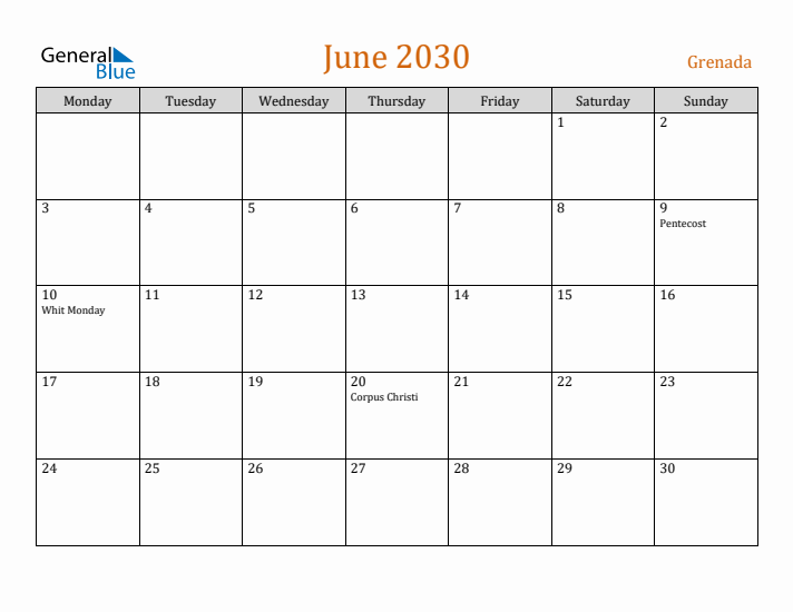 June 2030 Holiday Calendar with Monday Start