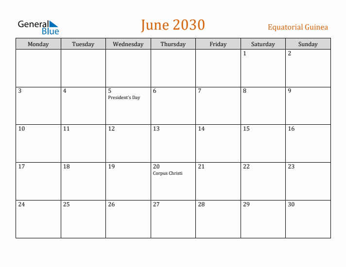 June 2030 Holiday Calendar with Monday Start