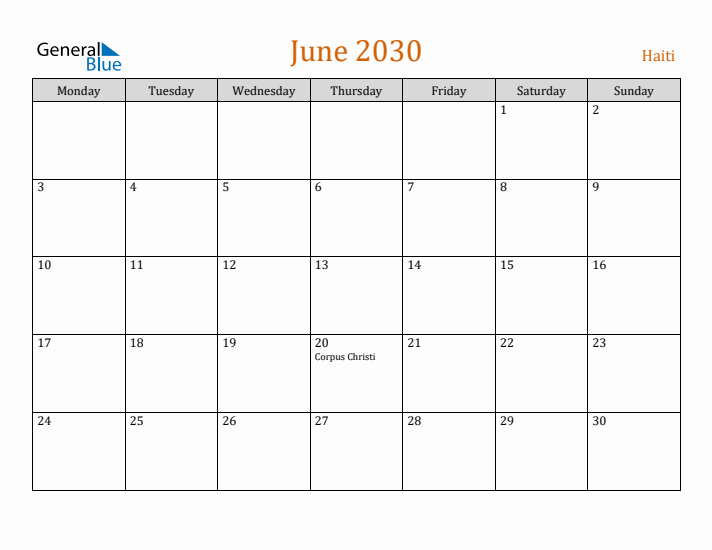 June 2030 Holiday Calendar with Monday Start