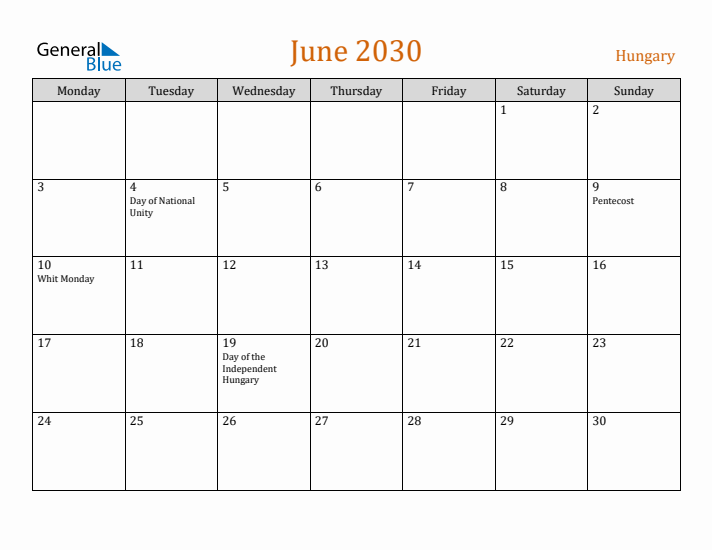 June 2030 Holiday Calendar with Monday Start