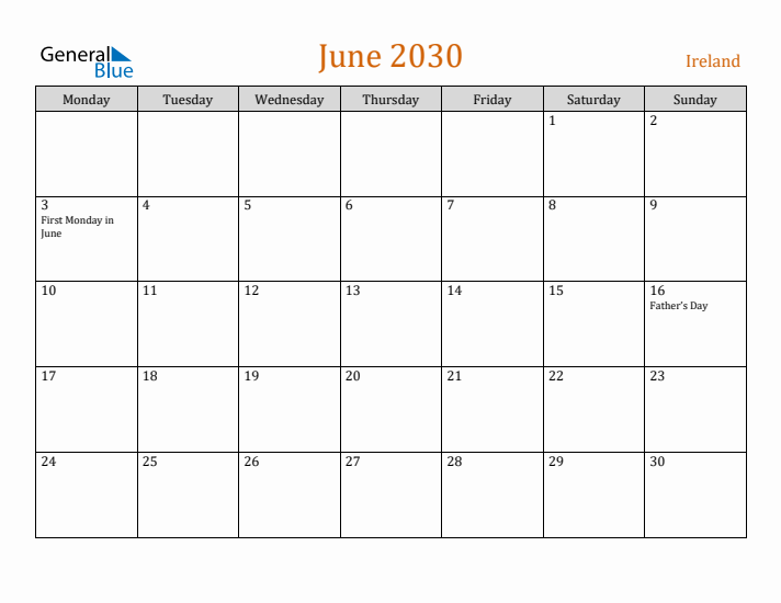 June 2030 Holiday Calendar with Monday Start