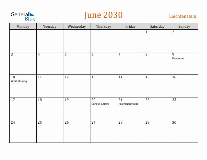 June 2030 Holiday Calendar with Monday Start