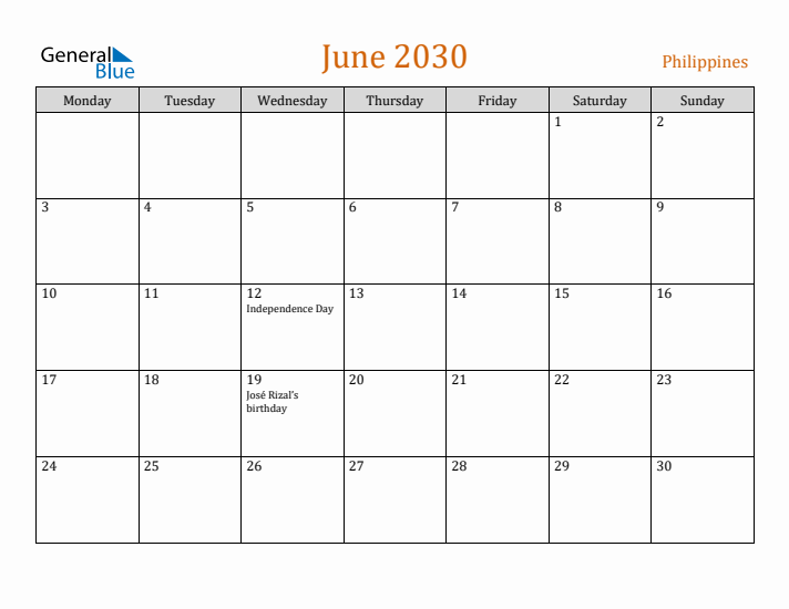 June 2030 Holiday Calendar with Monday Start